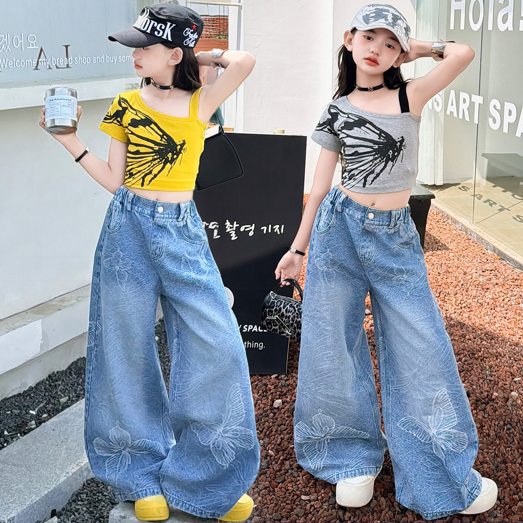 Bé Gái Denim Quần Ống Rộng Mùa Hè Phong Cách Mới Trẻ Em Thời Trang Phiên Bản Hàn Quốc Nơ Họa Tiết Quần Thường Ngày