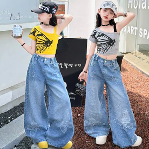 Bé Gái Denim Quần Ống Rộng Mùa Hè Phong Cách Mới Trẻ Em Thời Trang Phiên Bản Hàn Quốc Nơ Họa Tiết Quần Thường Ngày