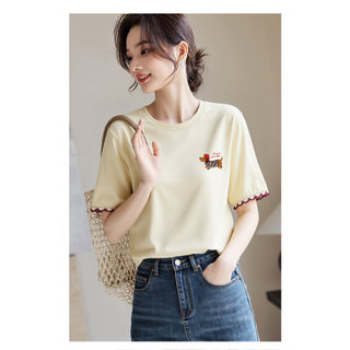 【Hạn giờ】Áo thun nữ cổ tròn cotton nguyên chất, thiết kế dáng rộng với họa tiết chó con và ren