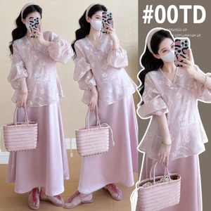 Bộ đồ bà bầu mùa hè phong cách Hàn Quốc, thiết kế jacquard và váy đeo chéo cỡ lớn