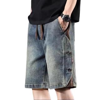 Short jean nam rộng suông wash xanh phối vải kẻ sọc bên hông, short hè nam có nút trang trí thời trang hàng ngày