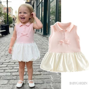 6M-4Y Bé Gái Mùa Hè Chữ A Đầm Không Tay Ve Áo Màu Tương Phản Nút Phía Trước Bud Hem Đầm