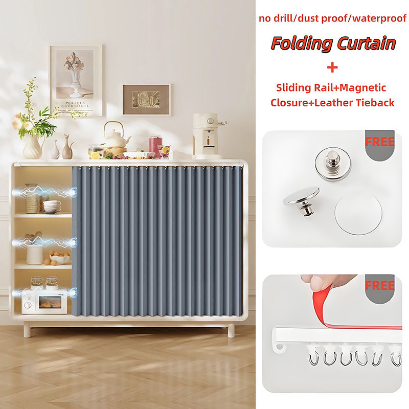 Rèm Accordion đóng từ tính cho tủ bếp – Vỏ gấp chống nước không khoan có bộ đường ray, tùy chỉnh phù hợp để ẩn ống dưới bồn rửa