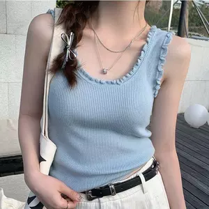 Áo dệt kim không tay màu trắng, phong cách mới cho mùa hè
