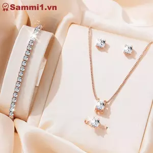 Bộ trang sức pha lê ZK 5 món: Vòng cổ, bông tai, nhẫn, vòng tay - Hàng Việt Nam