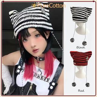 Mũ Beanie PURECOTTON0 và Quỷ Ngôi Sao Sọc, Móc Mũ Bò Dệt Kim Hình Mèo, Phong Cách Y2K Dễ Thương Cho Thu Đông