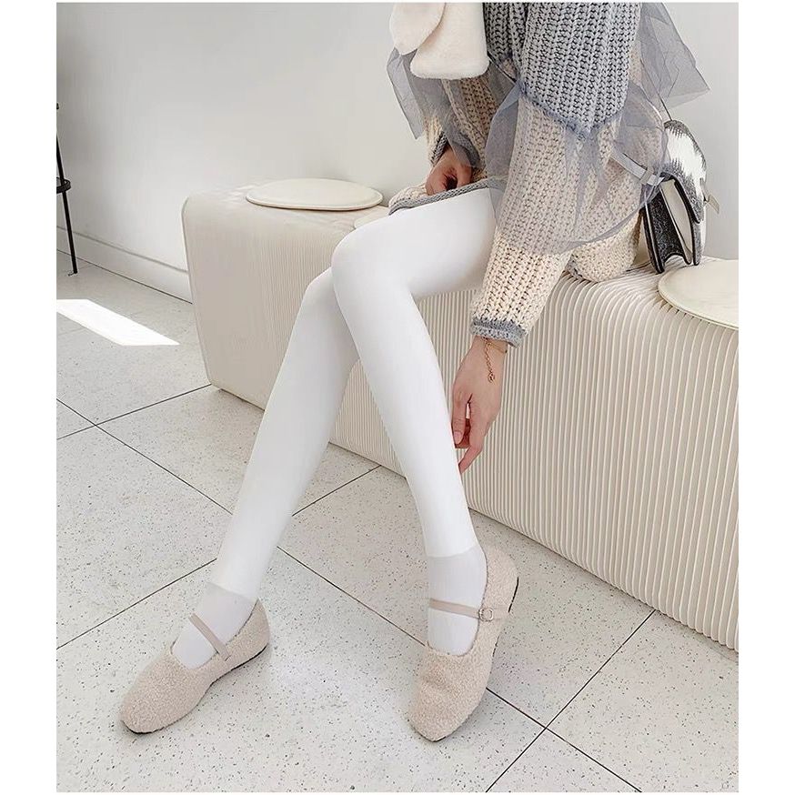Mùa Thu - Quần Legging Nữ Sữa Trắng Dày Lông Cừu Ấm Áp, In Sọc Dọc Mỏng