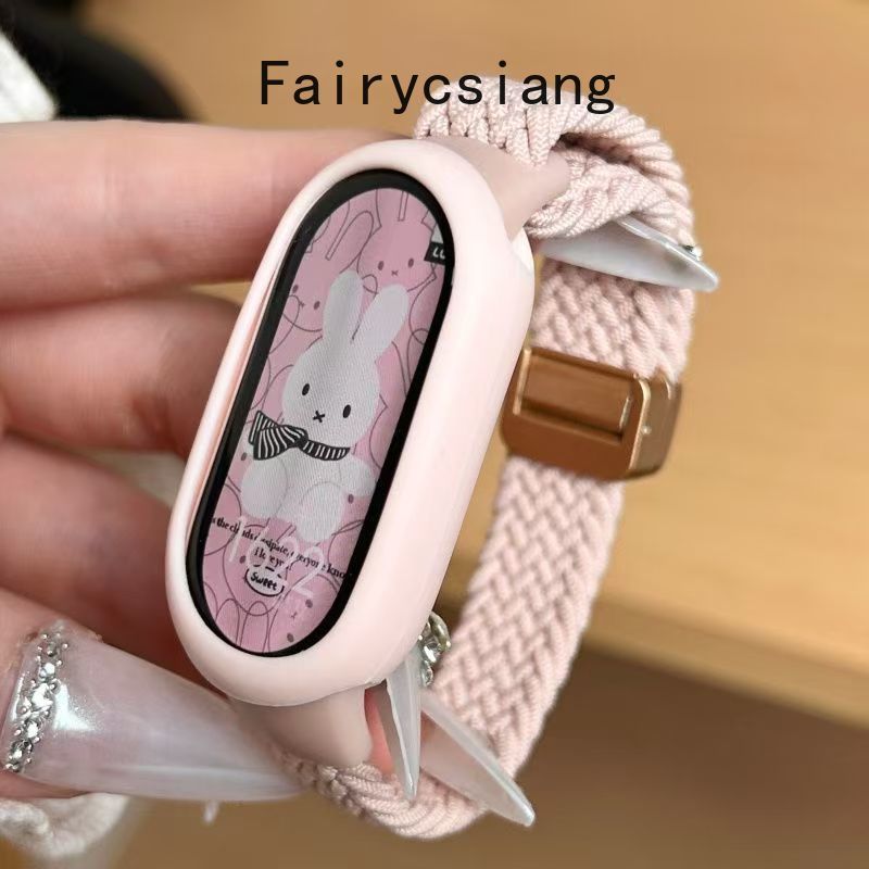 Dây đeo bện từ tính hình thỏ nhỏ dễ thương cho Xiaomi Mi Band 10 9 8 Nfc Phụ kiện dây đai vòng tay Nylon thoáng khí