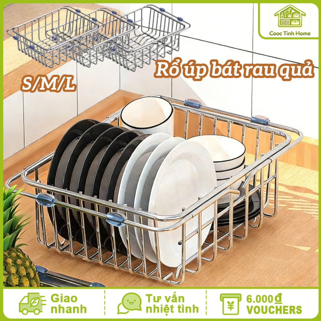 Rổ Rửa Rau Đa Năng Inox 304 Thiết Kế Kéo Dài Thu Gọn Làm Ráo Nước Nhanh Đệm Chống Trượt Cho Bồn Rửa Bát Nhà Bếp