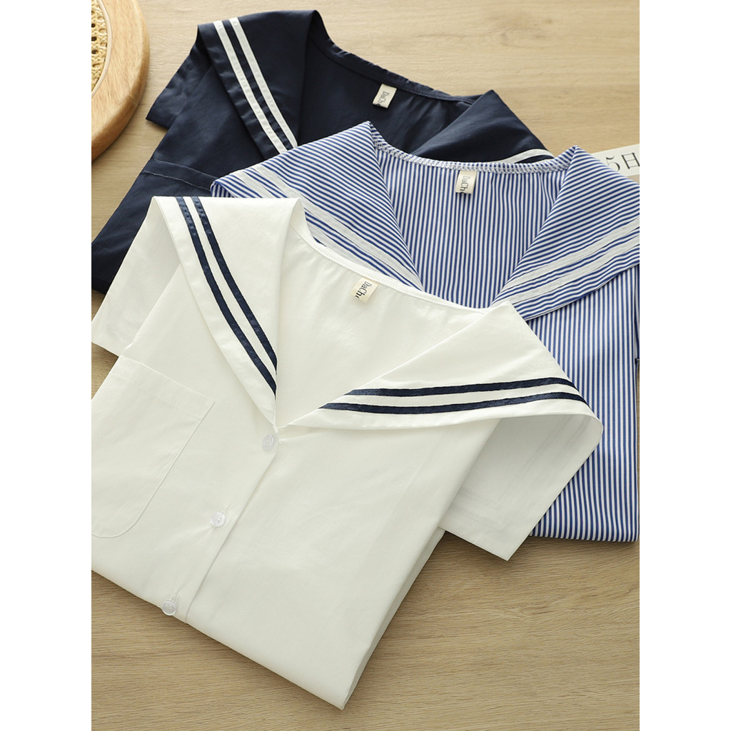[Hàng có sẵn] Áo sơ mi nữ cotton, cổ bèo phong cách trẻ trung