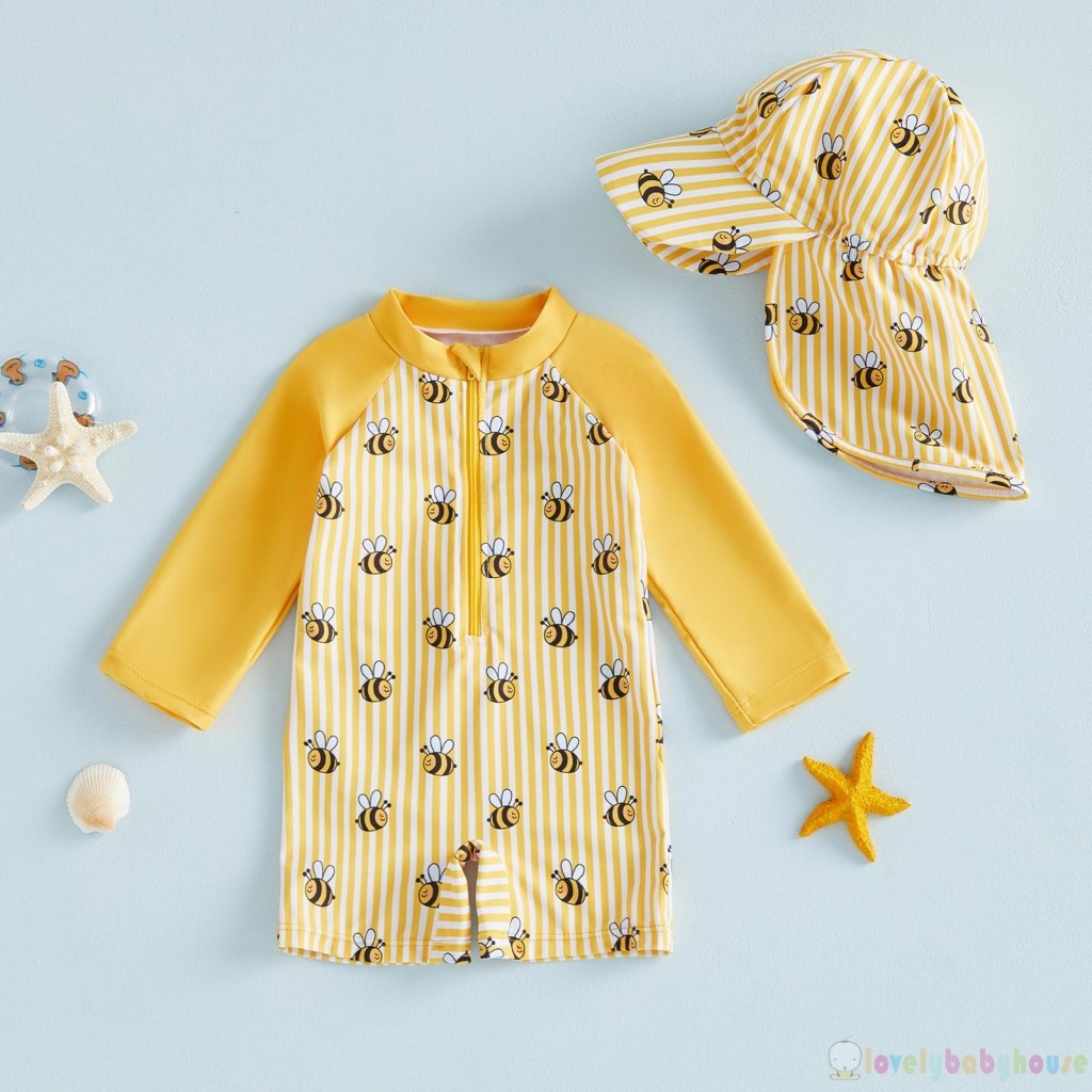 LBH-Baby Bee / Dưa Hấu / Thuyền buồm In Sọc Zip Up Áo Bơi Tay Dài Có Mũ Bộ 2 Chiếc