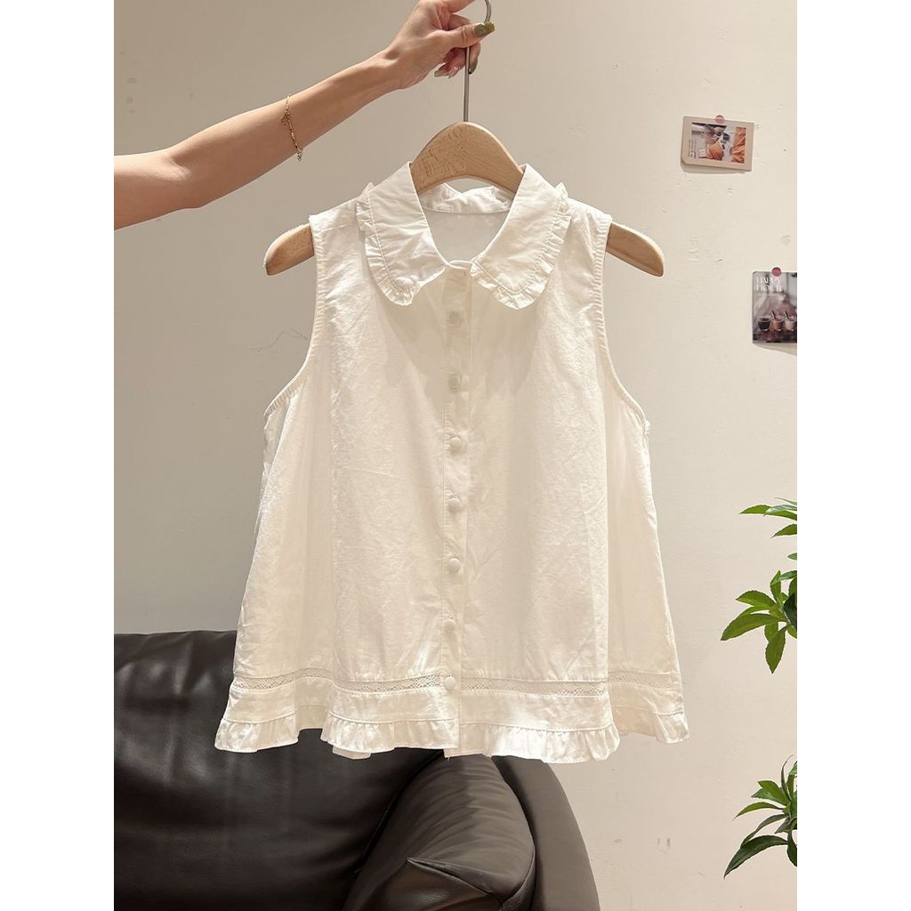 Áo vest áo yếm nữ màu vàng không tay cổ búp bê viền nấm, phong cách mới cho mùa hè