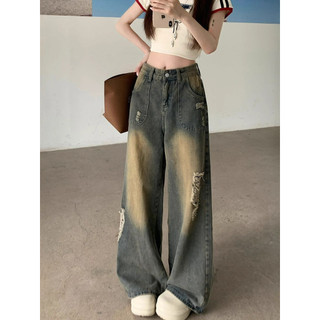 Quần jeans rách phong cách Mỹ thời trang dành cho nữ, quần ống rộng cạp cao dáng thẳng cho Mùa Hè