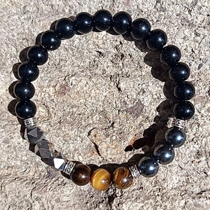 Vòng tay thủy tinh mắt hổ tự nhiên Obsidian-Look - Hạt tròn thủ công - Hạt hình học giọng bạc - Unisex Văn phòng hàng ngày