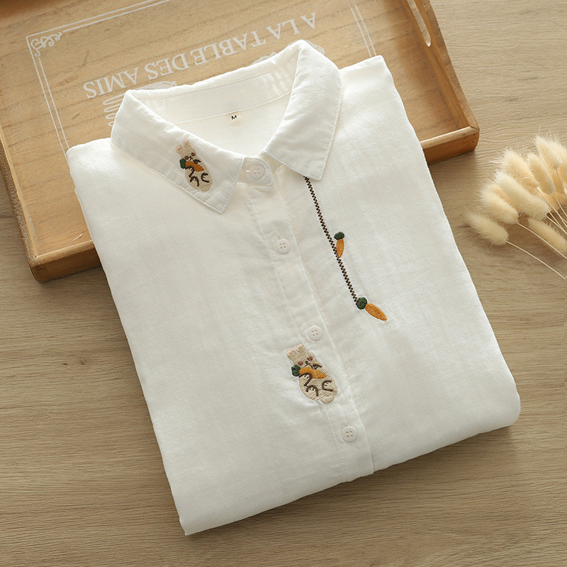 Sợi cotton áo sơ mi nữ cao cấp năm 2026, thiết kế hình trái tim thêu tay dài, phù hợp mọi kích thước