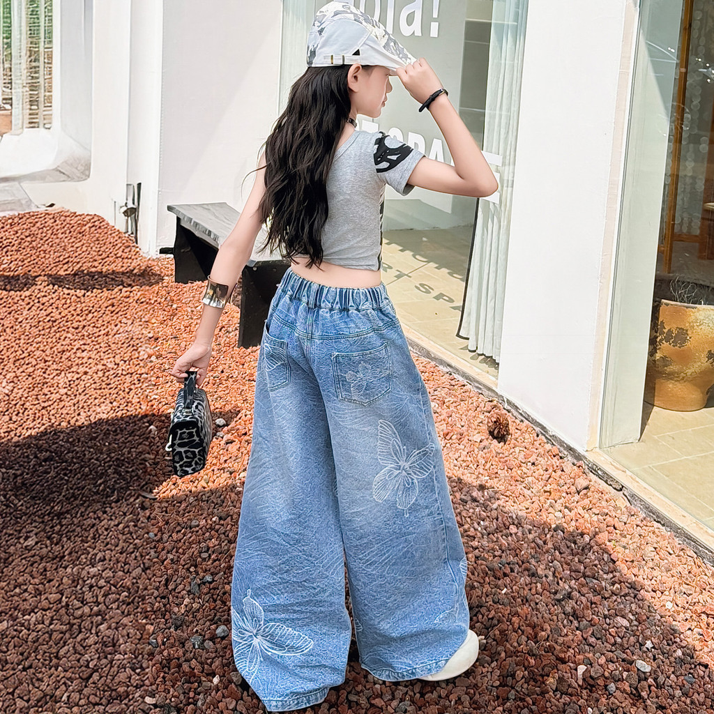 Bé Gái Denim Quần Ống Rộng Mùa Hè Phong Cách Mới Trẻ Em Thời Trang Phiên Bản Hàn Quốc Nơ Họa Tiết Quần Thường Ngày