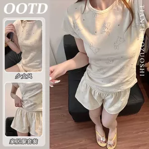 Shop [Cotton giả chất lượng cao] Bộ đồ ngủ thỏ cao cấp 2026 dành cho nữ in hình Bộ đồ ngắn tay dễ thương Đồ nội thất gia đình