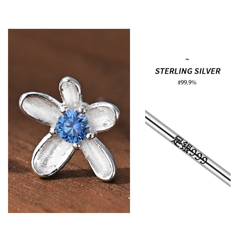 Bông tai hoa zircon màu xanh bạc nguyên chất 999