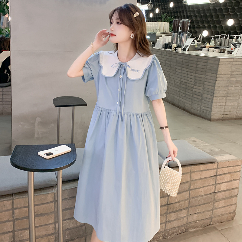 Váy bà bầu mùa hè dáng rộng cổ búp bê ngắn tay Váy dài
