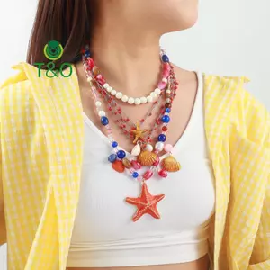 Vỏ sao biển đính cườm dệt tay nhiều lớp, trang sức dự tiệc phong cách kỳ nghỉ đại dương