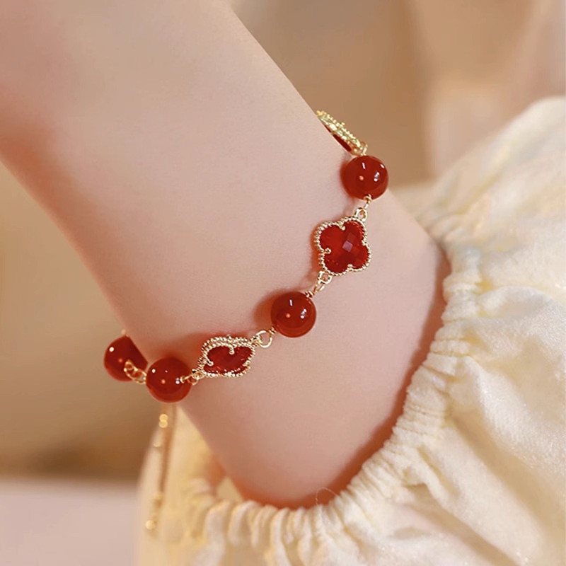 Vòng tay đá mặt trăng cỏ bốn lá thạch anh tím