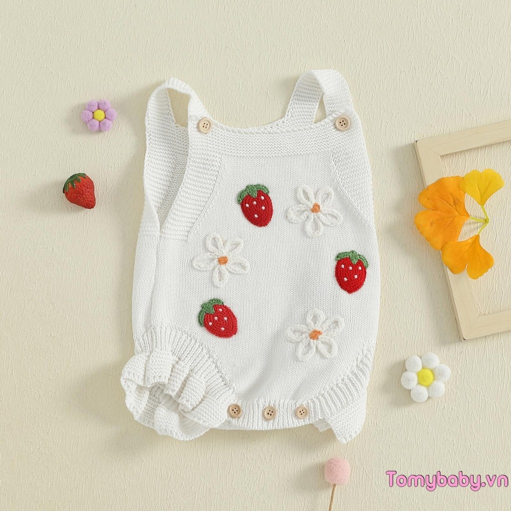 Bé Gái Đan Áo Liền Quần Móc Hoa Dâu Tây Không Tay Cổ Vuông Jumpsuit