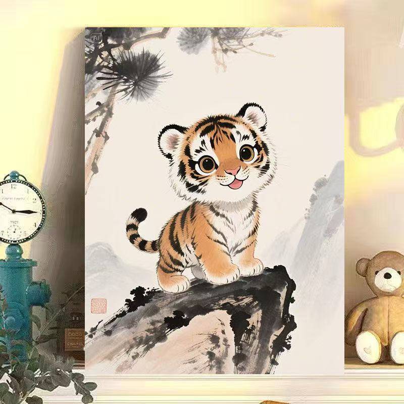 Tranh canvas trang trí phong cách rửa mực siêu dễ thương của loạt động vật như hổ nhỏ, gấu trúc khổng lồ và voi em bé, với sự rung cảm chữa bệnh