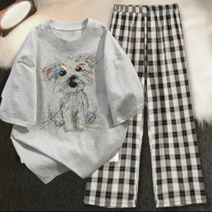 bộ nữ quần dài kẻ caro đen ống rộng + mix áo phông -CHÓ XÙ DỄ THƯƠNG-quanao94