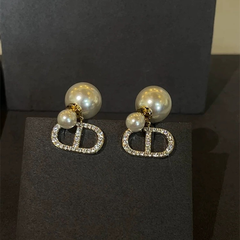 Bông tai ngọc trai và zircon hai mặt, phong cách Pháp, thiết kế sang trọng và khảm chi tiết