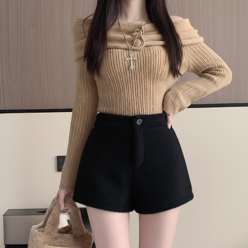 Quần Short Nữ BABEE Dáng Ngắn Lưng Cao Chất Lông Mềm Mịn Sang Trọng Quyến Rũ Phong Cách Hàn Quốc