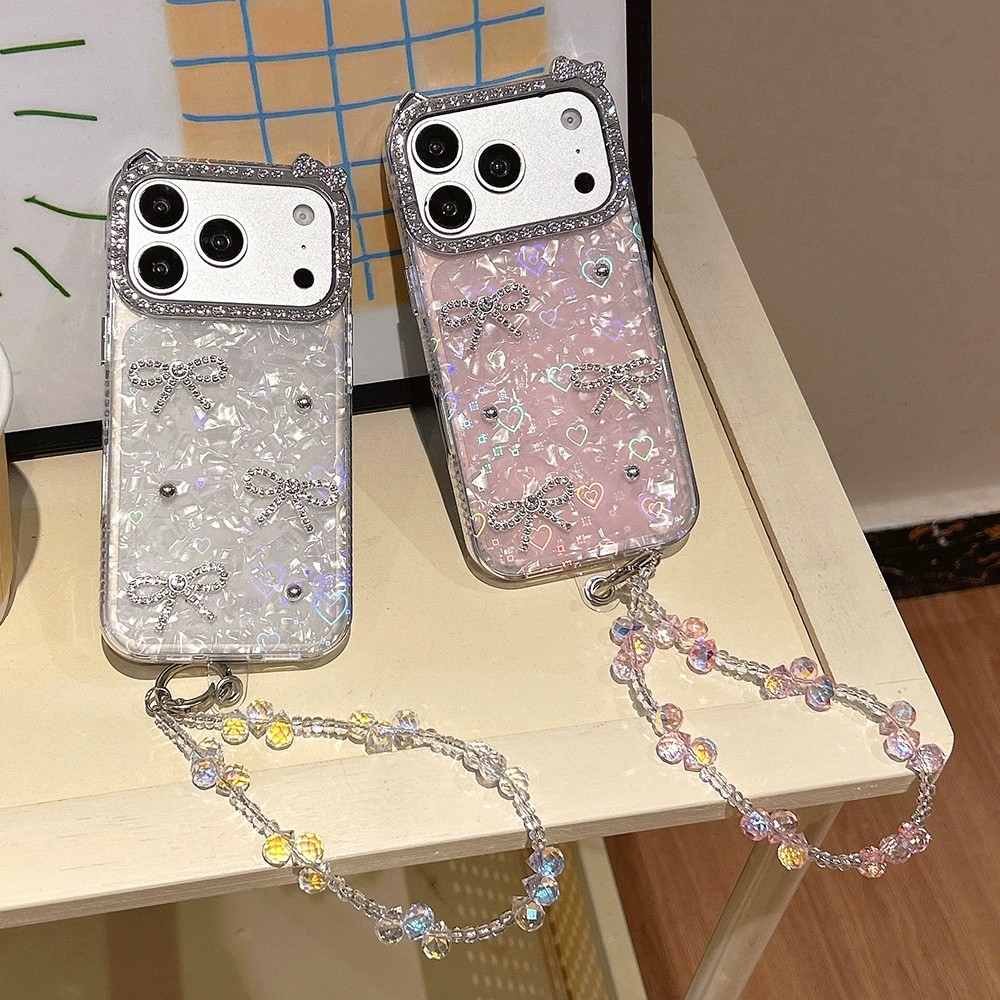 3D Hạt Nơ Vỏ Laser + Dây Xích Kim Cương Tai Mèo Vỏ Điện Thoại Acrylic Cho iPhone 17 Pro Max 17 Air 16 Plus 15 14 13 12 11 Vỏ Bảo Vệ Chống Sốc