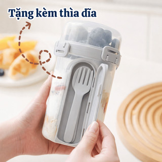 Cốc Đựng Yến Mạch Ngũ Cốc 2 Ngăn 500ML, Hũ Đựng Ngũ Cốc Có Nắp Chống Tràn Kèm Muỗng Mang Đi Tiện Lợi