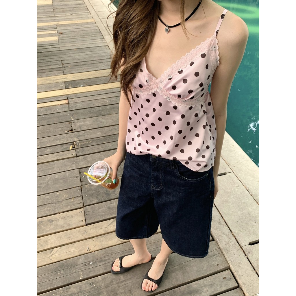 Áo thun ren cổ chữ V chấm bi hở lưng gợi cảm cho mùa hè