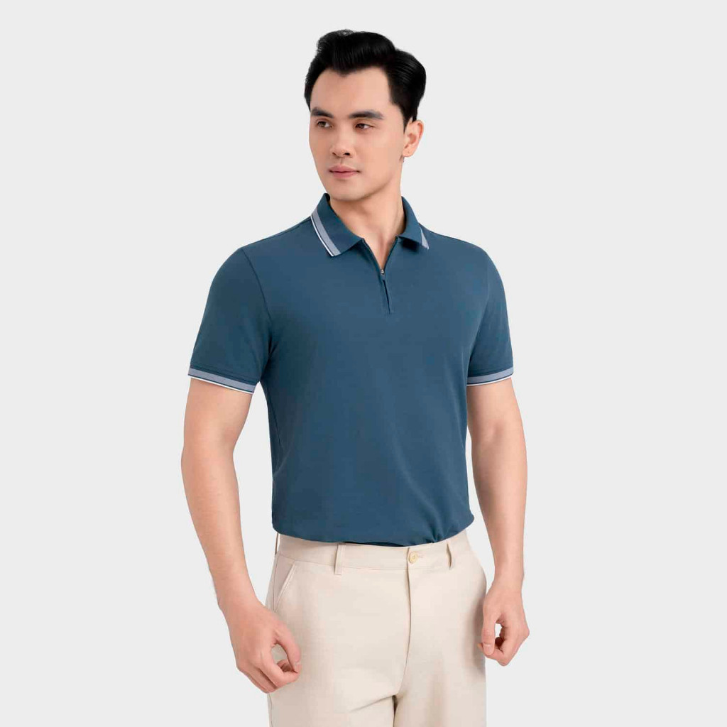 Áo Polo Nam Aristino Xanh Cổ Vịt Organic Cotton Khóa Kéo Sang Trọng Regular Fit APS010EDP01