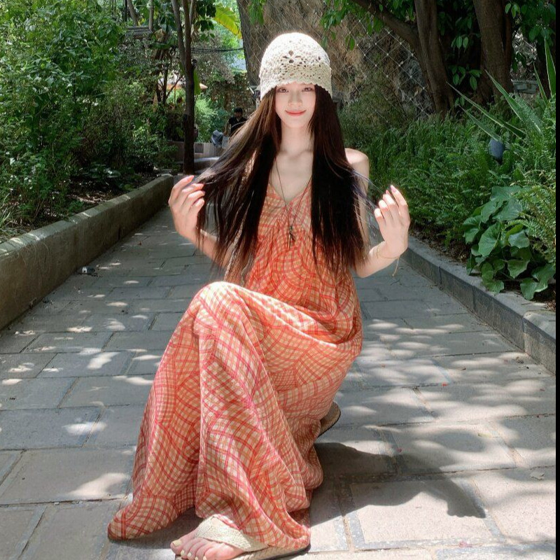 Đầm nữ màu cam phong cách retro, cổ chữ V, dáng chữ A - Perfect cho ngày lễ và mùa hè