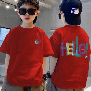 Áo thun ngắn tay cho bé trai với chữ "hello" tiếng Anh và một hình in nhỏ đơn giản; kiểu dáng thoải mái và dễ phối đồ.