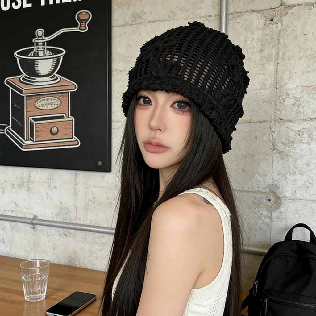 Mũ nồi ren rỗng họa tiết hoa ngọt ngào, chất liệu len mềm mại co giãn - Phù hợp thời trang hàng ngày và chụp ảnh