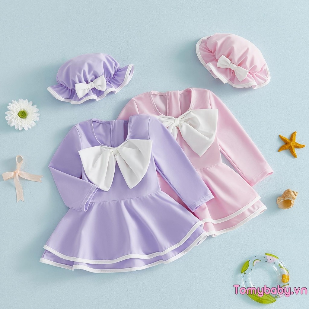 [lpDL] Đồ bơi Baby Girls Rash Guard Bộ đồ tắm phía trước nơ dài tay có mũ chống nắng