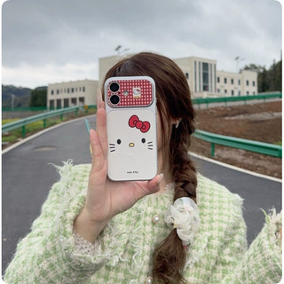 Phim hoạt hình dễ thương Kẻ sọc đỏ Nơ Hellokitty Vỏ điện thoại da trắng mạ điện cho iPhone 17Promax 17Pro 12 13 14 15 16 Pro Max 11 Vỏ di động nữ chống sốc
