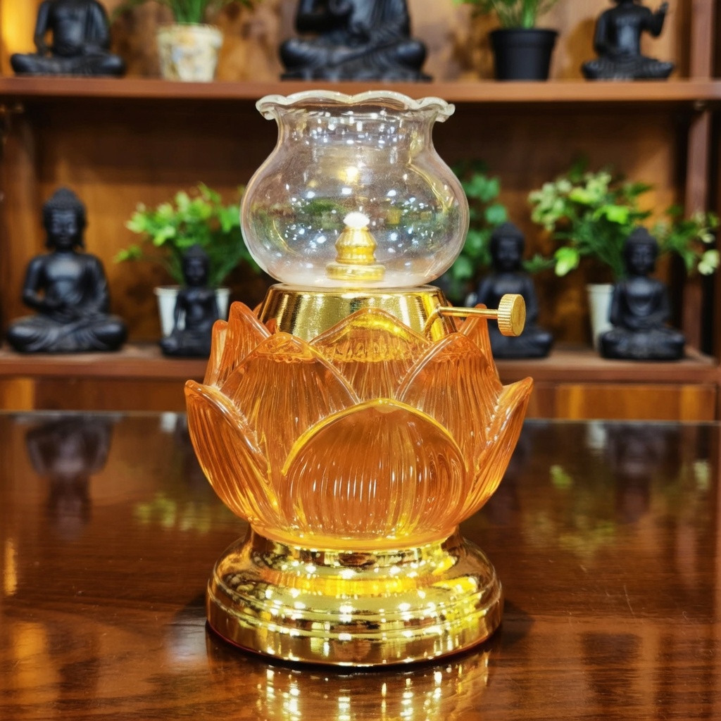Đèn Dầu Thờ Cúng Hình Hoa Sen Lưu Ly Vàng - Đèn Bàn Thờ Cúng Gia Tiên, Thần Tài, Thờ Phật - Chất Liệu Cao Cấp [ Đèn 035]