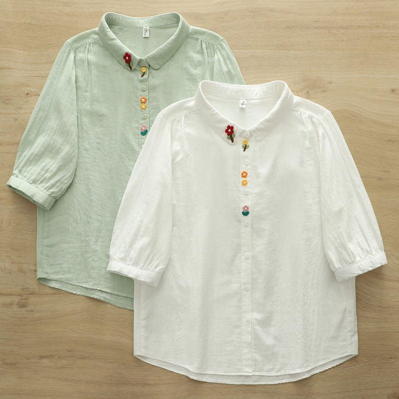 Sơ mi nữ cotton chất lượng cao, mori placket, thêu nhỏ, phù hợp cho ngày thường