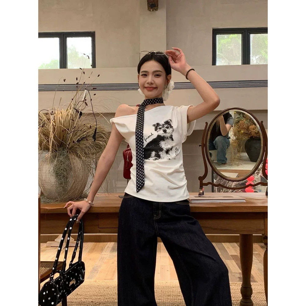 Áo Thun babytee Đeo chéo in hình chó con cổ điển phong cách Hàn Quốc mùa hè