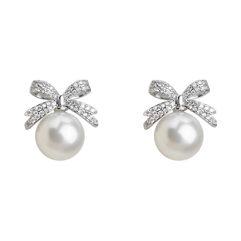 Bông Tai Zircon Micro-Ind Crystal và Pearl bạc 925, Finish Kim ánh Sáng, Style Hàn Quốc, Elegant