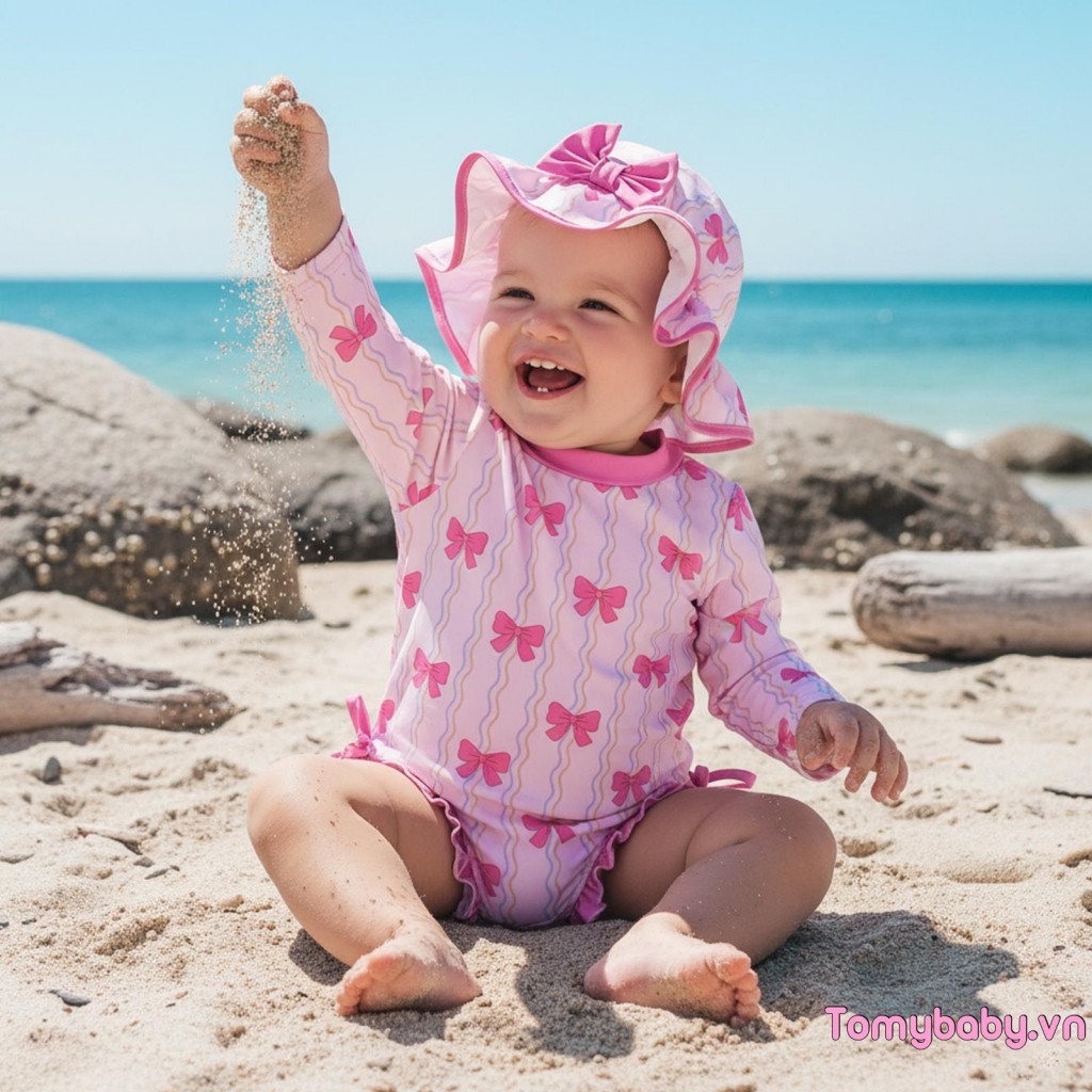 Đồ bơi bé gái dài tay in nơ có mũ để tắm mùa hè