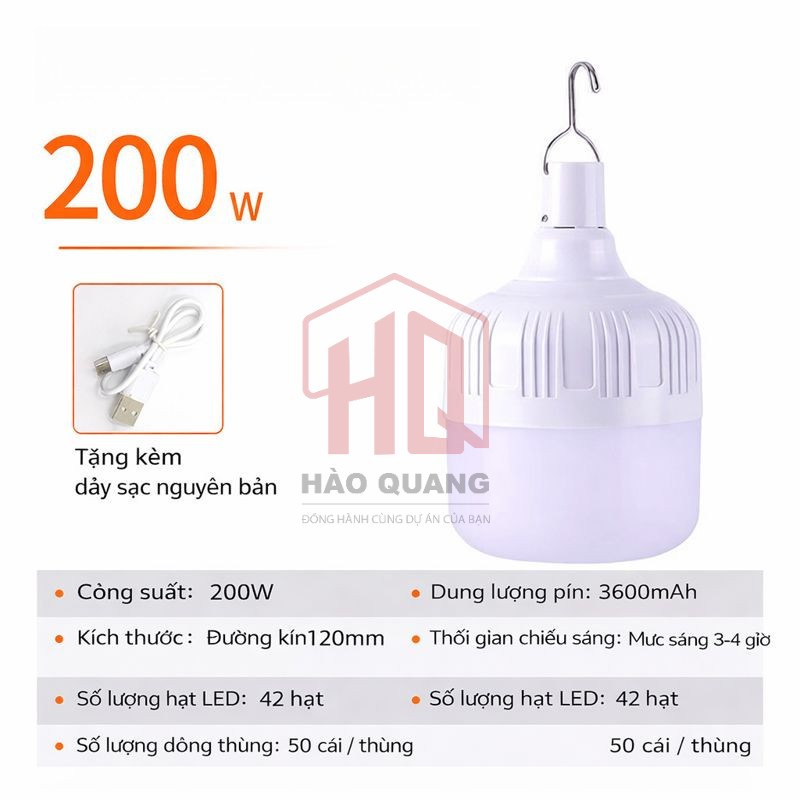 Bóng Đèn Tích Điện công suất 200w  – Siêu Sáng, Có Móc Treo, Dùng Khi Mất Điện