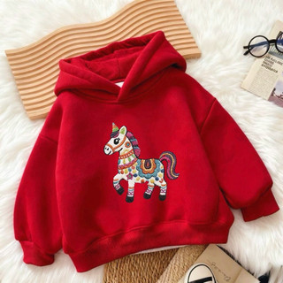 Áo Hoodie chủ đề ngựa đỏ cho trẻ em 2026 Tết Nguyên Đán Áo có mũ trùm đầu thông thường