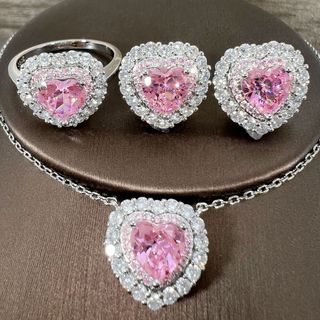 ❤ Hình Trái Tim Sáng Tạo Bộ Trang Sức Full Kim Cương Bông Tai Nữ Lãng Mạn Nhẫn Tình Yêu Sáng Tạo Đơn Giản Citrine Mặt Dây Chuyền Vòng Cổ Kim Cương Hồng Quà Tặng Người Yêu