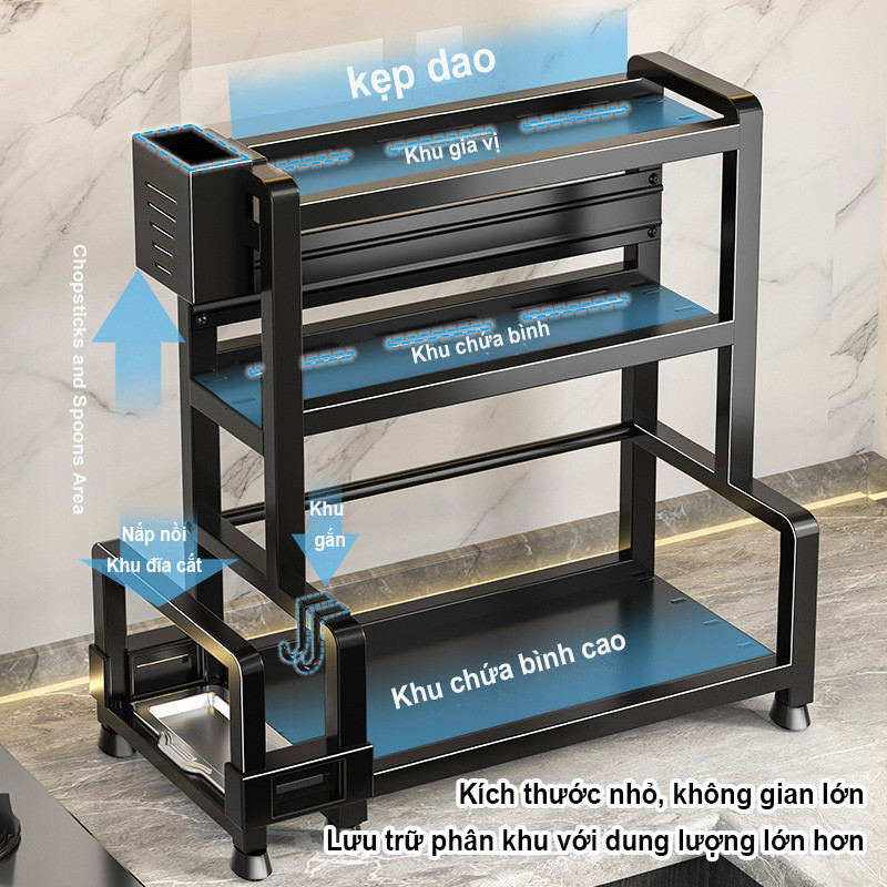 Giá Đựng Gia Vị Kệ Bếp 3 Tầng Đa Năng Inox Kèm Ống Đũa Kệ Để Dao Thớt Móc Treo Khay Hứng Nước Cho Nhà Bếp