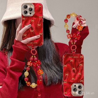 Vòng tay nơ Thích hợp cho vỏ điện thoại 17promax iphone15 Màu đỏ năm mới 16 Niche cao cấp