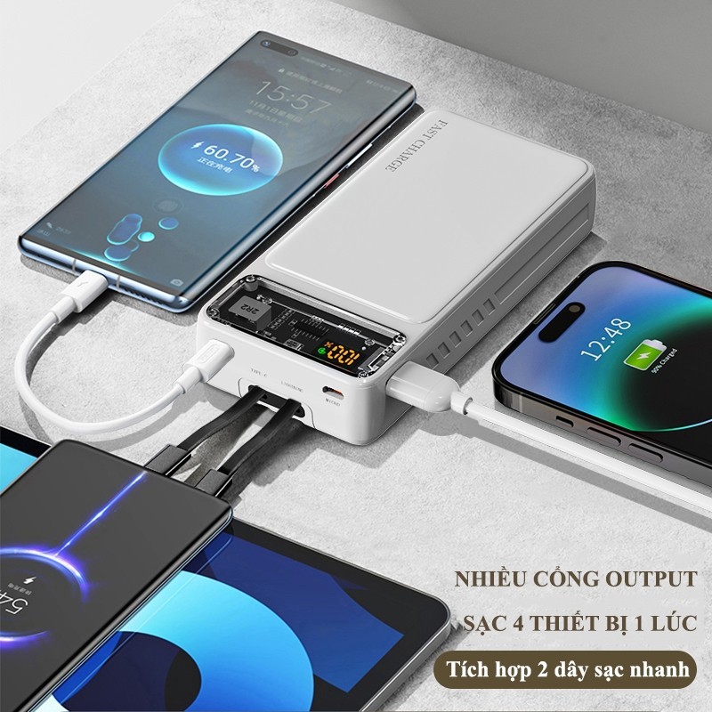 Sạc dự phòng 30000mAh sạc nhanh 22.5W 2 dây tích hợp màn hình LED tương thích mọi thiết bị